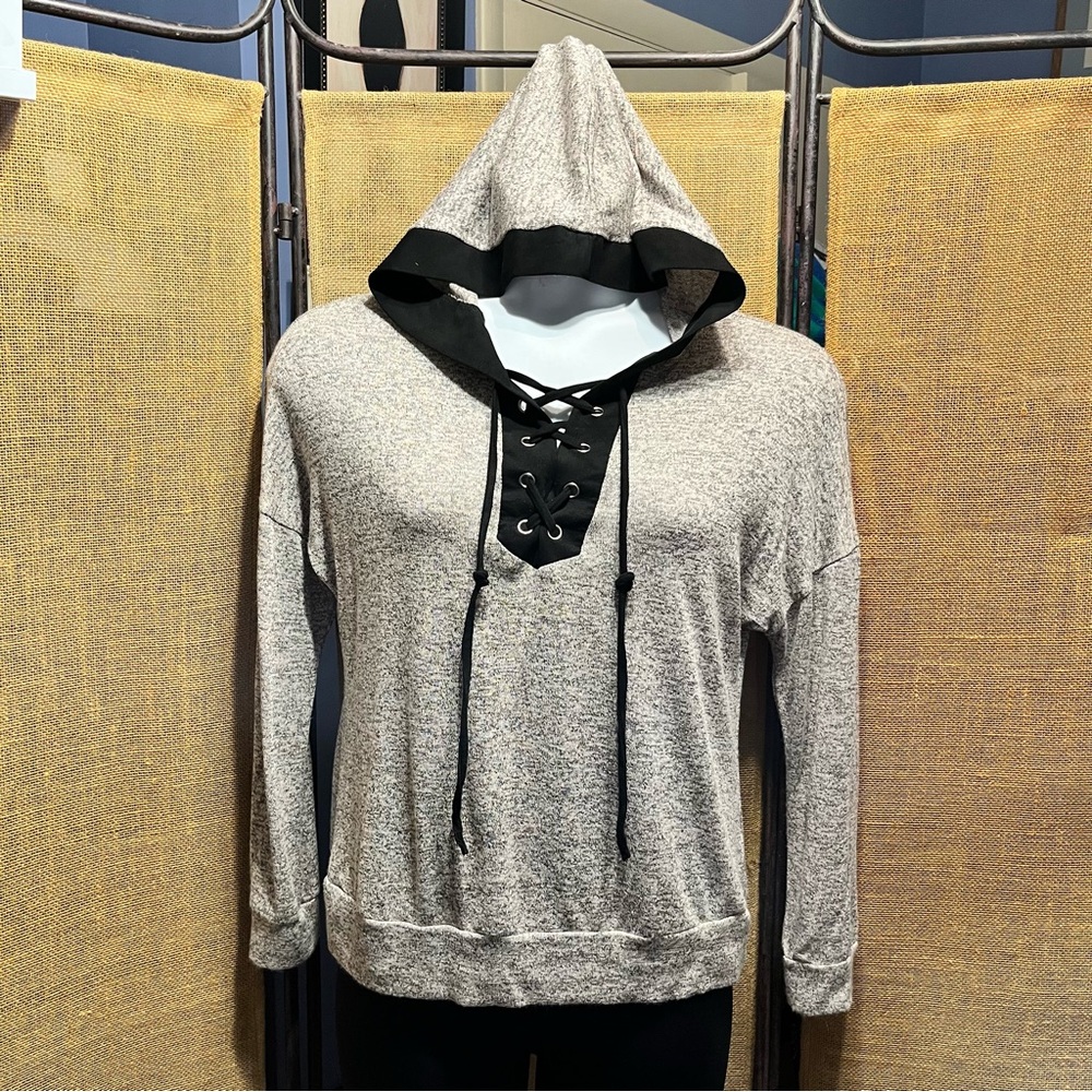 PerSeption Concept Gray and Black Lace-Up Sweater